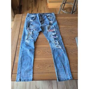 AHP Another Hype Piece Jeans Men's 38x32 Blue Skinny Paint Distressed Patched